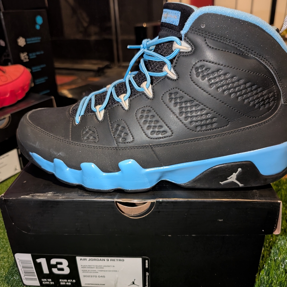 Jordan 9 Retro Black and Light Blue Sneakers